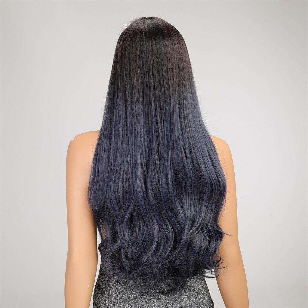 LOUIS FERRE Длинные волны Ombre, черные, синие парики с челкой для чернокожих женщин, натуральный синтетический парик для вечеринок, повседневный термостойкий парик