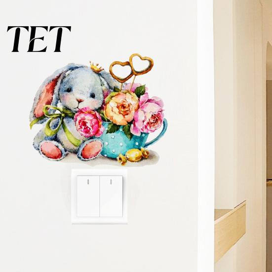 Childrens Bedroom Wall Stickers Watercolor Rabbit & Flowers Light Switch Sticker, Cute Bunny Peel And Stick Decal, Nursery Room Decor PVC Waterproof