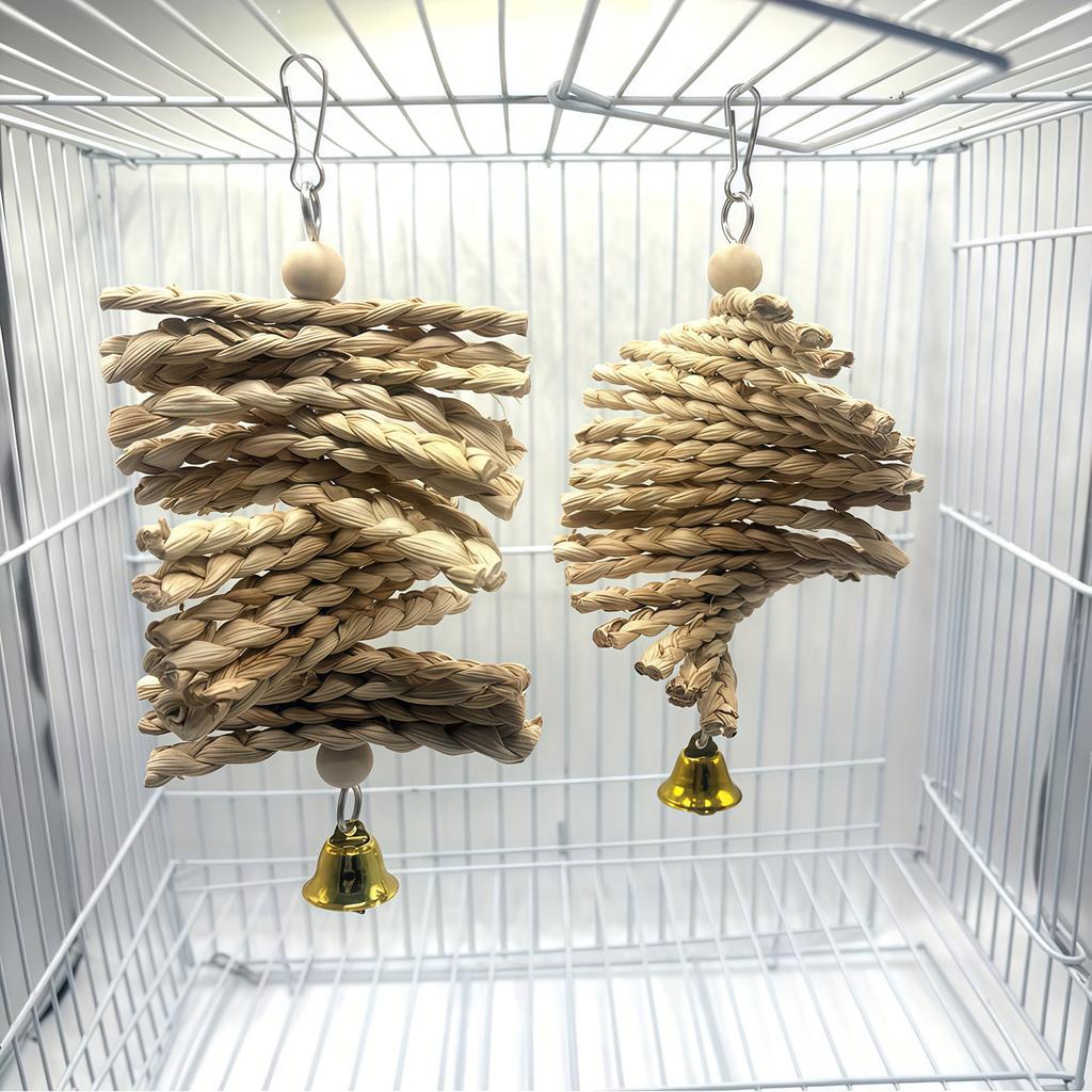 Parrot Chew Toy Natural Corn Husk Braided Teething Bell String For Pet Birds Entertainment And Anxiety Relief