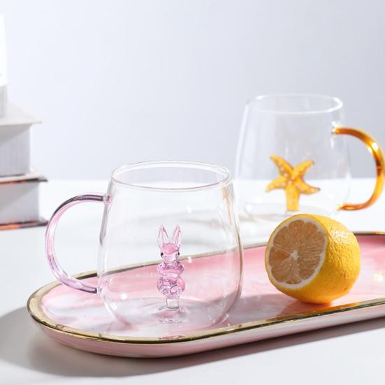Стеклянная чашка ручной работы в форме животного или растения, прозрачная чашка для воды, милая чашка для кофе, молока, напитков с цветной ручкой