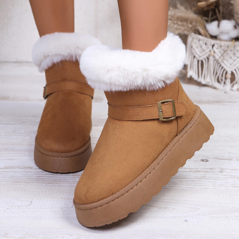 Fashion Fashion Metal Belt Buckle Fur Snow Boots Women 2025 Winter Warm Furry Ankle Boots Fashion Non Slip Thick Bottom Booties Size 42