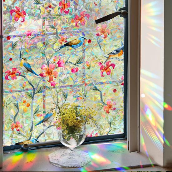 Радужная оконная пленка для конфиденциальности Водонепроницаемая Статическая адгезия Без клея Наклейка с цветочным узором