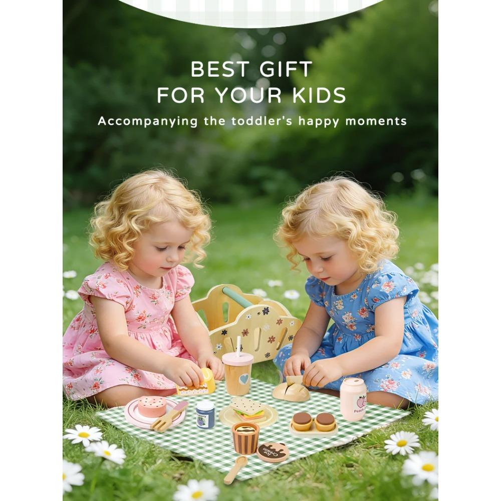 Picnic Basket Hand-held Basket Pretend Play Toys Children's Wooden Simulation Tableware Set Girls' Toys Desserts and Cakes
