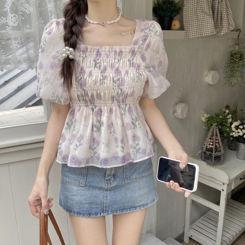 Квадратный вырез сладкий 1111 летний новый фонарик рукава узкий повседневный французский повседневный короткий рукав топ ретро цветочный женщина