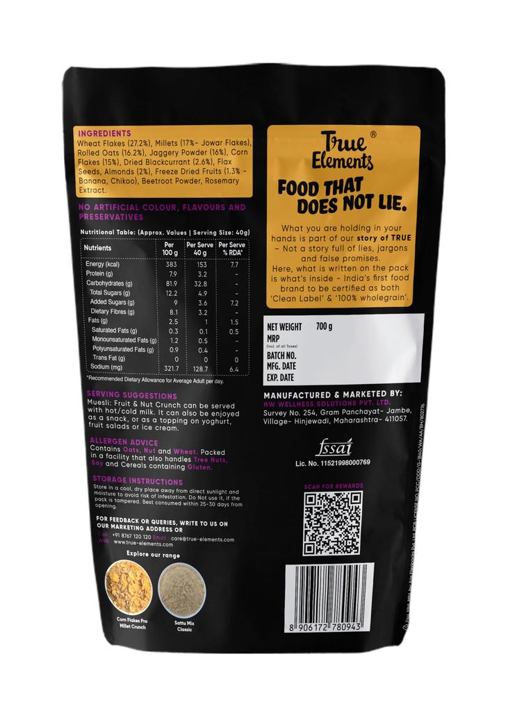 True Elements Fruit & Nut Crunch Muesli 700g | Fruit and Nuts | Cereals for Breakfast | Rich in Fibre | Muesli with Oats and Nuts