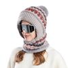 Женская шапка с длинным шарфом, закрывающая лицо, теплая вязаная термофлисовая зимняя лыжная шапка, лоскутная расцветка, декор плюшевым помпоном, головной убор для холодной погоды