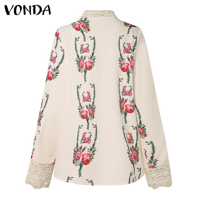 VONDA Женские блузки с длинным рукавом и цветочным принтом, кружевные, с застежкой-лацканом