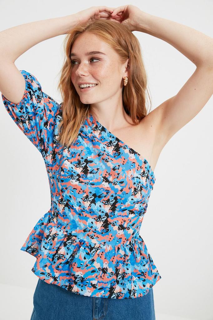 Women's Style Blouse Blue Single Sleeve Floral Woven Blouse