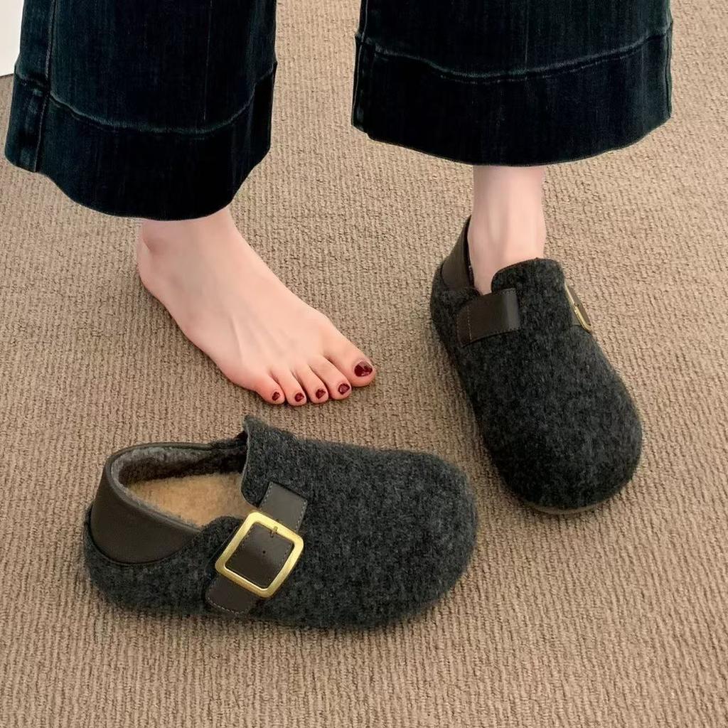 Ретро скрытый подъем две носки Birkenstocks новые осенне-зимние шерстяные ленивые толстоподошвенные бархатные хлопковые туфли
