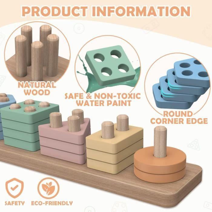 Jouets éducatifs en bois - Jouzmui - Puzzle Montessori - 5 couleurs vives - 1 à 3 ans - Sûr et durable