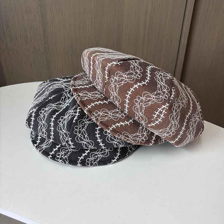 Handmade button bow beret women's plaid face small cloud hat retro versatile literary painter hat