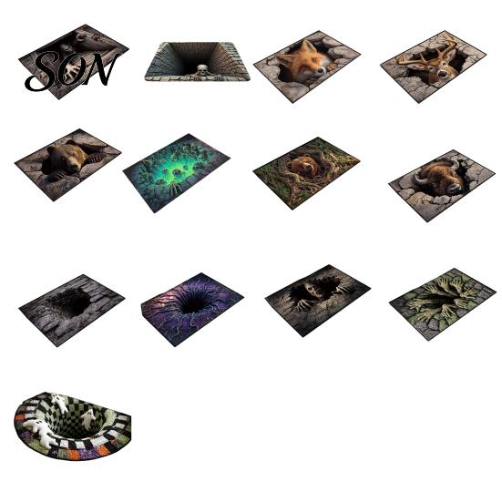 Animal Patterned Bedroom Rug 3D Illusion Entrance Rug, Absorbent Non-Slip Floor Mat, Realistic Apartment Size Area Rugs Spooky Skeleton