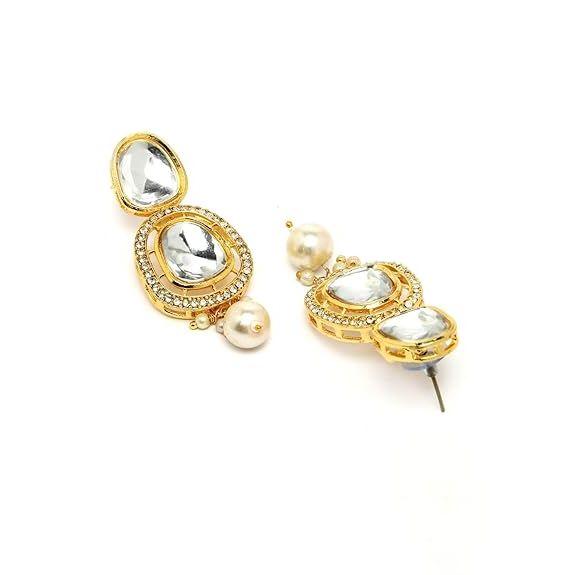 Latest Stylish Traditional Gold-Plated Kundan Studded Handcrafted Necklace Earrings with Maang Tikka Jewellery Set for Women & Girls