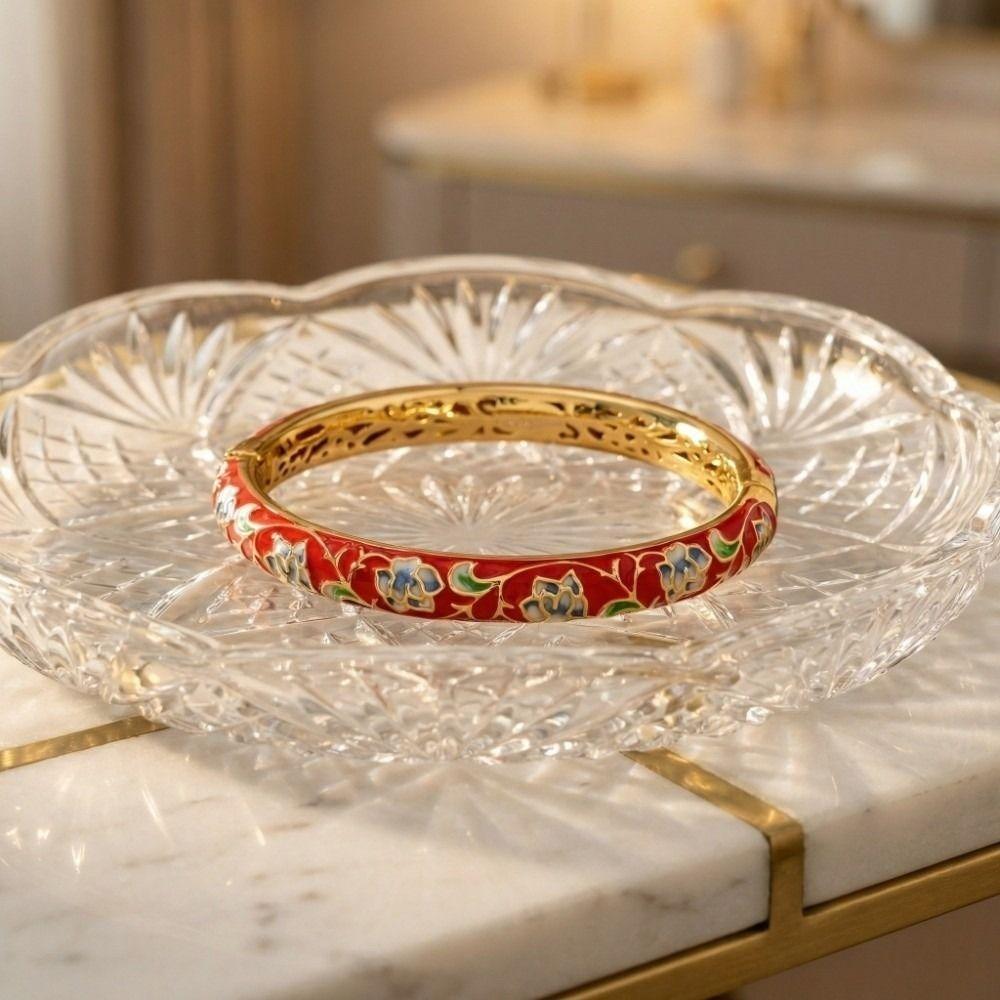 Peony Floral Vintage Cloisonne Bangle Enamel Women's Hand Bracelet  Ladies