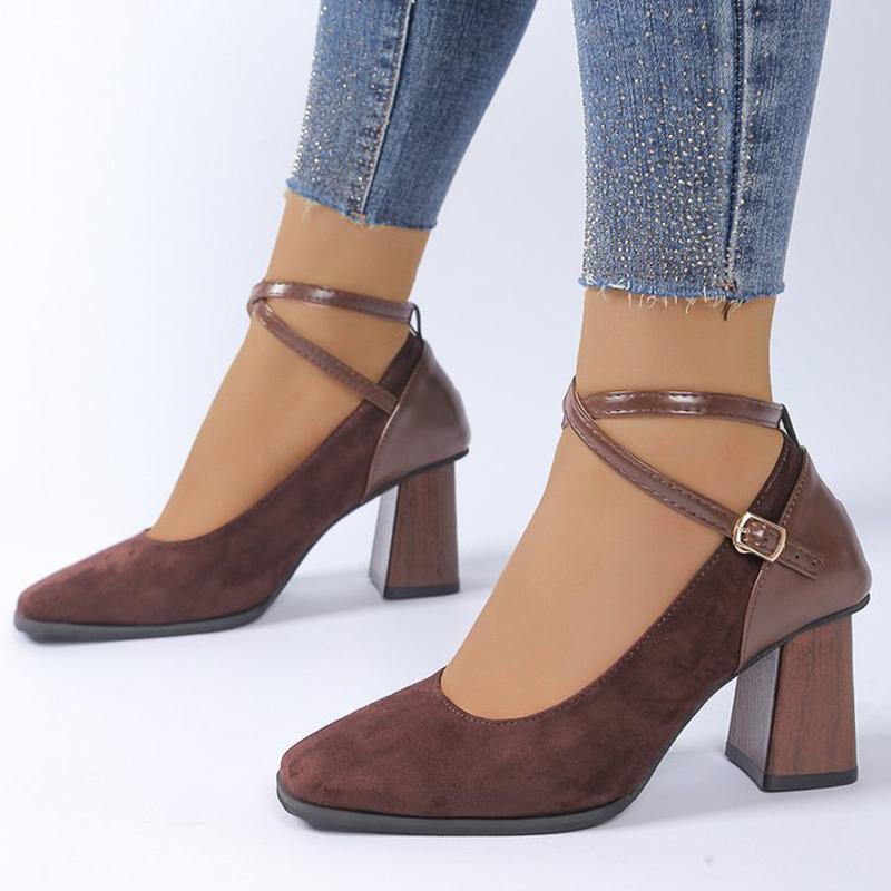 Модные классические коричневые туфли-лодочки на каблуке из искусственной замши для женщин, летне-осенние, с регулируемой пряжкой на щиколотке, туфли на высоком каблуке, женские, туфли-лодочки с квадратным носком, женские