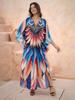 EDOLYNSA Лето 2024 года, пляжное платье макси в стиле бохо с принтом, свободный V-образный вырез, рукав «летучая мышь», кафтан с боковым разрезом, женская пляжная одежда, купальник, накидки Q1588