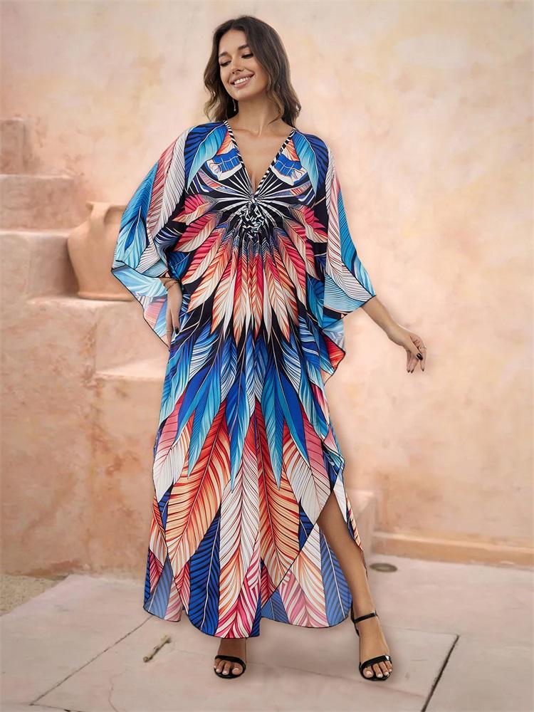 EDOLYNSA Лето 2024 года, пляжное платье макси в стиле бохо с принтом, свободный V-образный вырез, рукав «летучая мышь», кафтан с боковым разрезом, женская пляжная одежда, купальник, накидки Q1588