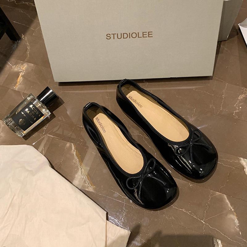 Супермягкая овечья кожа корейская версия бант круглый носок легкий вырез плоские туфли бабушки мягкая подошва балетки женские удобные и универсальные