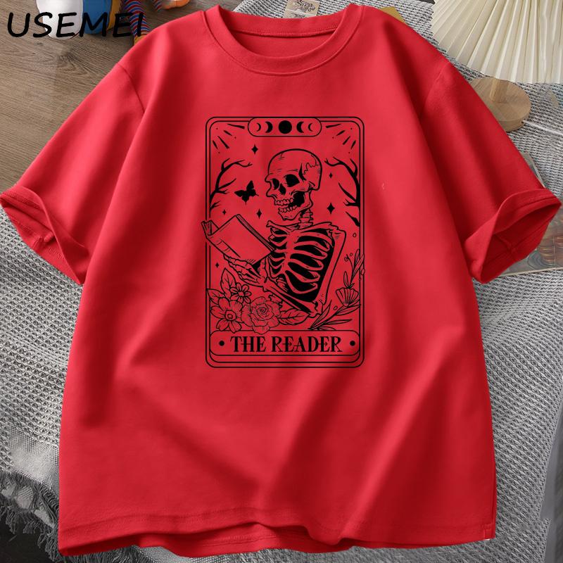 The Reader Tarot Card TShirt Skeleton Reading T Shirt Summer Cotton Book Lover Bookish Tshirt Unisex Women Unisex Oversized Tees