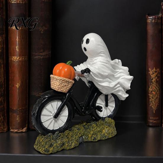 Ghost Figurine for Halloween Decoration Riding Motorcycle Figurine, Novelty Rider Resin Small with Pumpkins Statue Pumpkin Indoor Home Desk