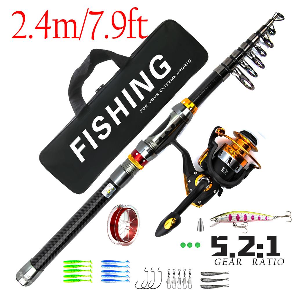 Набор портативных рыболовных снастей из углеродного волокна 5.5:Спиннинговая катушка с 1 передаточным числом, 1,8-3,6 м, удочка с прямой ручкой, крючок для наживки, комплект аксессуаров