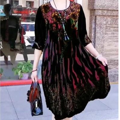 Весна лето Женское платье больших размеров свободное Золотое бархатное платье Круглый вырез С принтом Длинные платья с цветочным рисунком