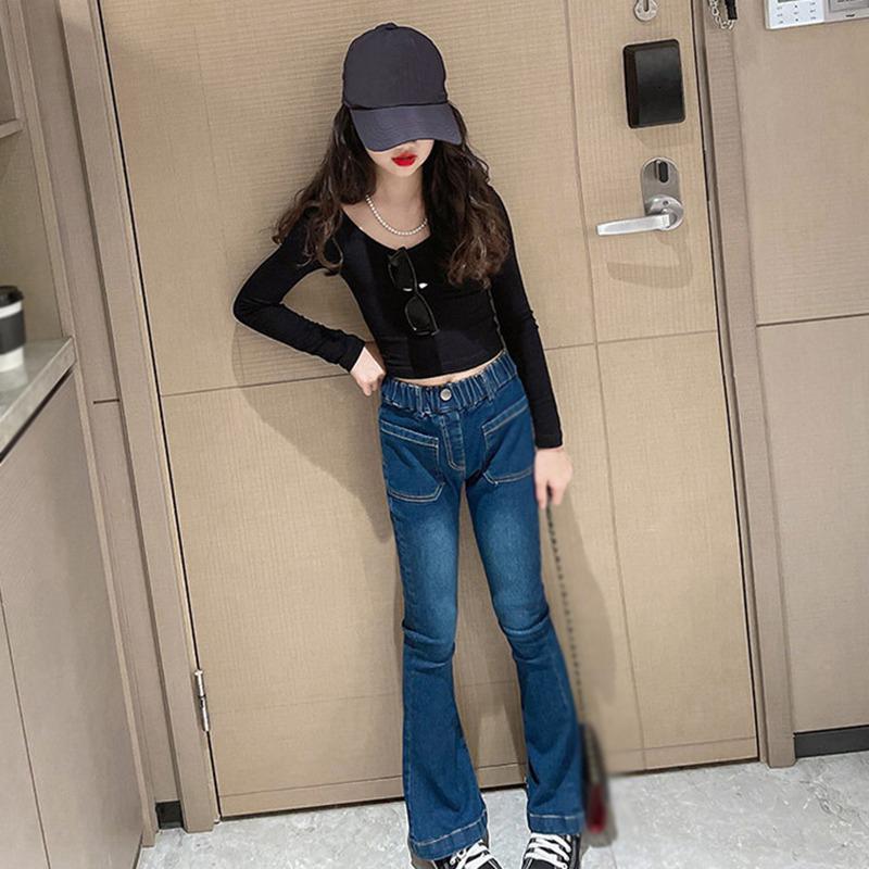 Расклешенные брюки для девочек, эластичные брюки с высокой талией