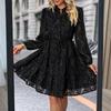Fall Spring Women Dress Round Neck Lace Applique Long Sleeves Button-down Lace-up Strap Slim Waist A-line Big Hem Dating Party Midi Dress