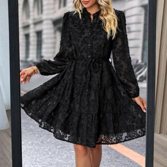 Fall Spring Women Dress Round Neck Lace Applique Long Sleeves Button-down Lace-up Strap Slim Waist A-line Big Hem Dating Party Midi Dress