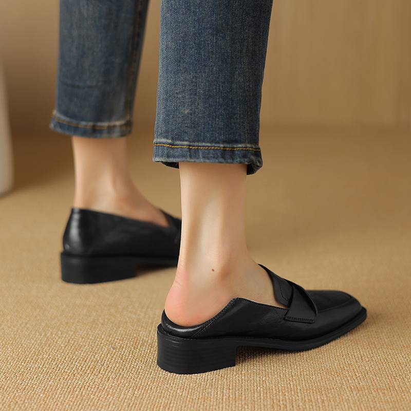 Krazing Pot Cow Leather Square Toe Thick Med Heels Spring Shoes Loafers Oxford Shoes Daily Wear Women Pumps