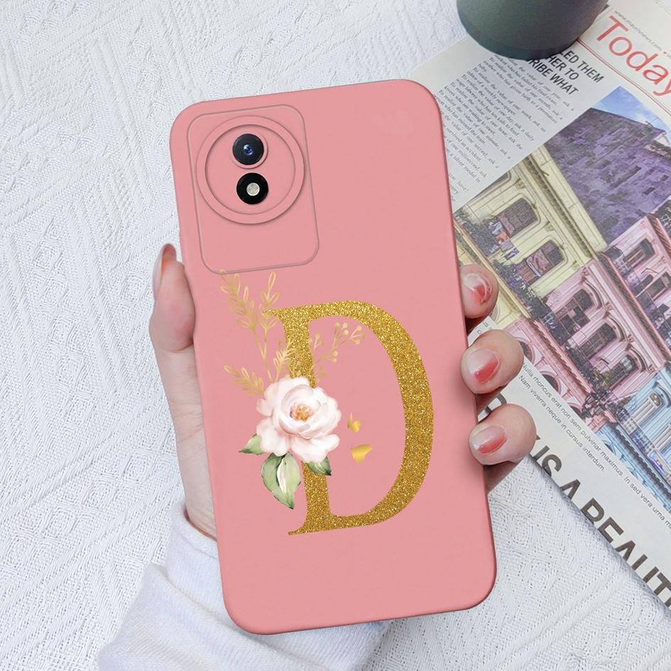 Чехол для телефона Vivo Y02S Y11 Y12 Y15 Y16 Y17 Y19 Y20 Y21 Y30 4G 5G Роскошный защитный жидкий мягкий силиконовый чехол с цветочными буквами для Vivo Bumper Coque