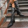 New Style Popular Leather Long Boots Women V-port Pointed Toe Knee High Boots Ladies Sexy Chunky High Heel Shoes Boots