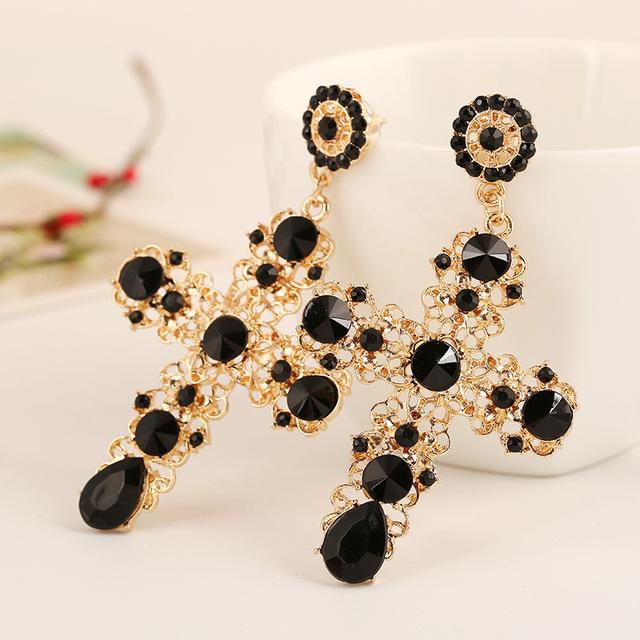 New Arrival Vintage Black Pink Crystal Cross Drop Earrings for Women Baroque Bohemian Large Long Earrings Jewelry Brincos 2020