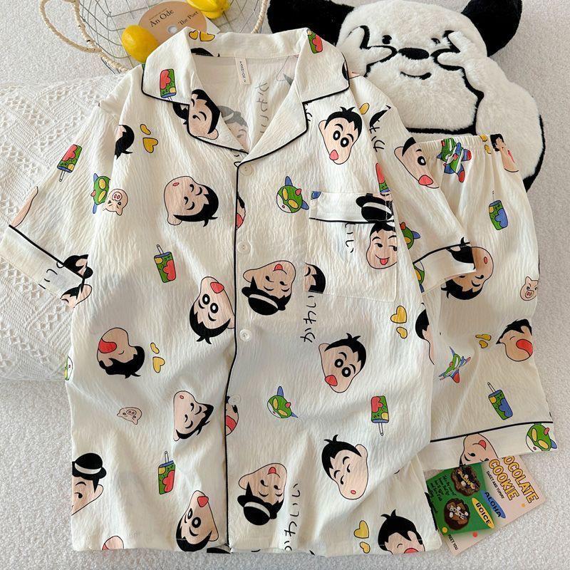 Корейский набор пижамы с облачным хлопком и мультяшными парами - Кардиган с коротким рукавом и шорты
