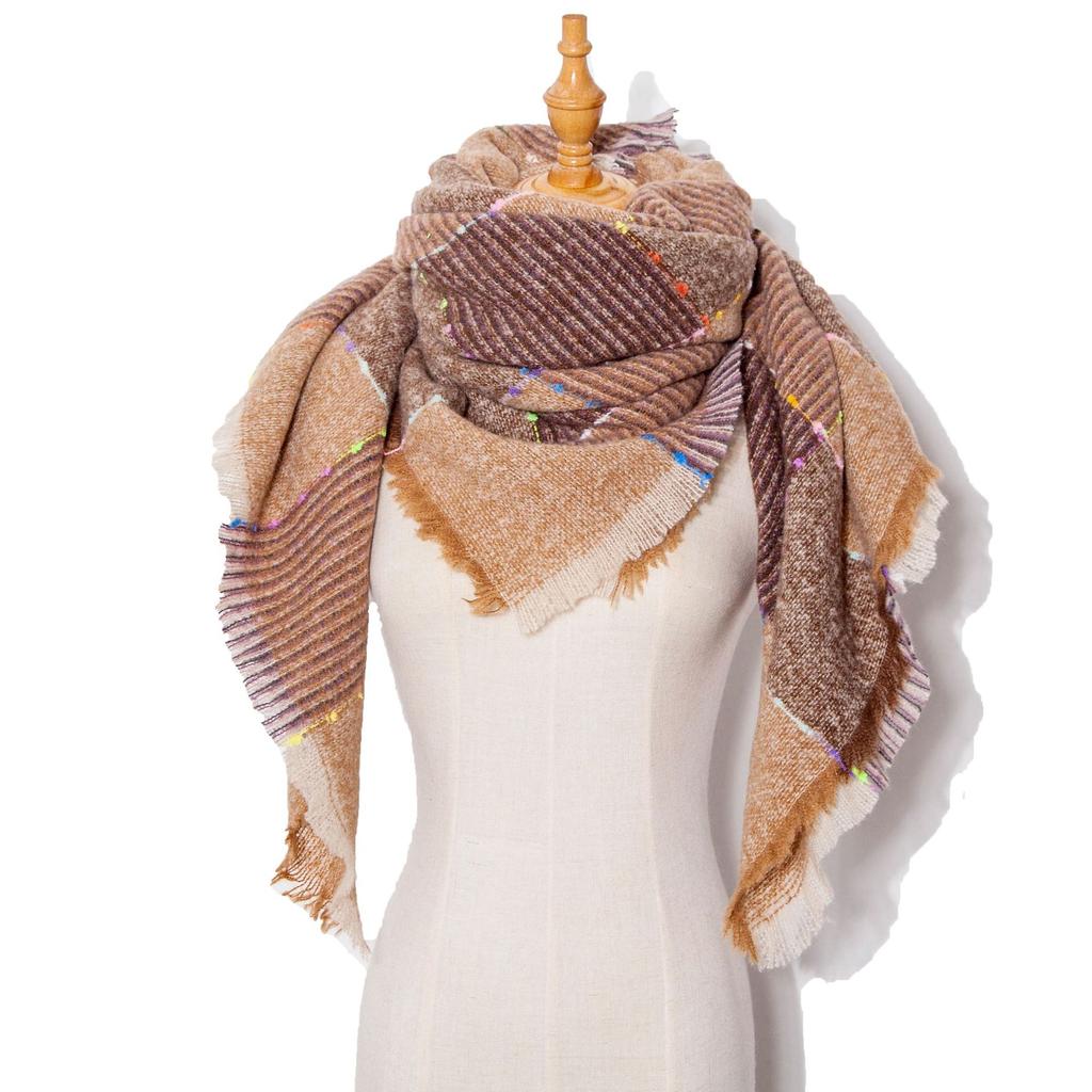 Осенне-зимний шарф с кисточками, женский клетчатый теплый треугольный платок