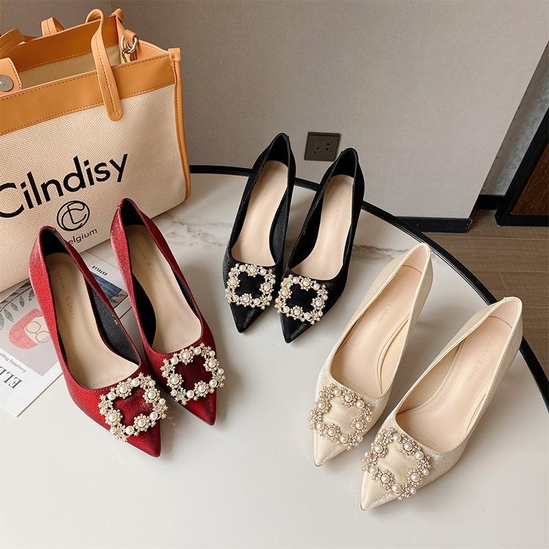 7-Туфли на высоком каблуке, новые туфли-лодочки с острым носком на шпильке, свадебная обувь, женские туфли Сюхэ с квадратной пряжкой из страз, хрустальные