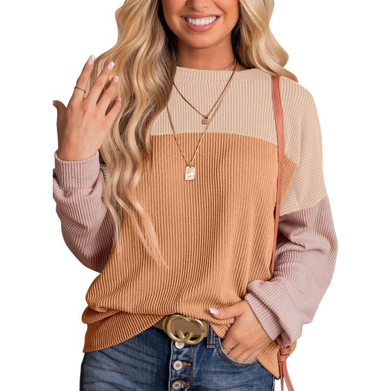 Повседневный топ с цветными блоками, женский свободный пуловер с круглым вырезом, футболка с длинными рукавами, осенняя базовая рубашка, простой базовый стиль