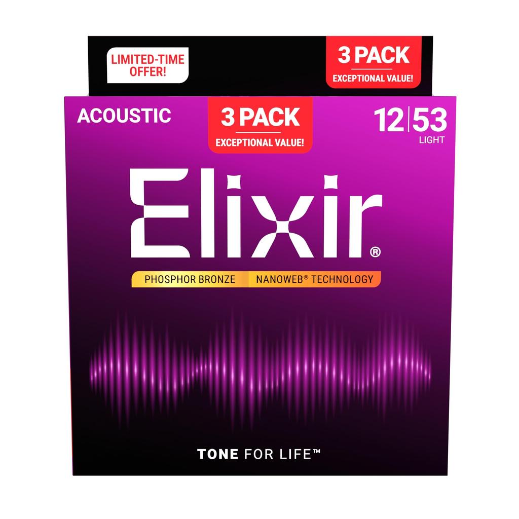 Elixir Acoustic Guitar Promotional NANOWEB Phosphor Bronze Strings, 3-Pack Pack, Light, .012-.053, #16569 (16052, 3-Pack)