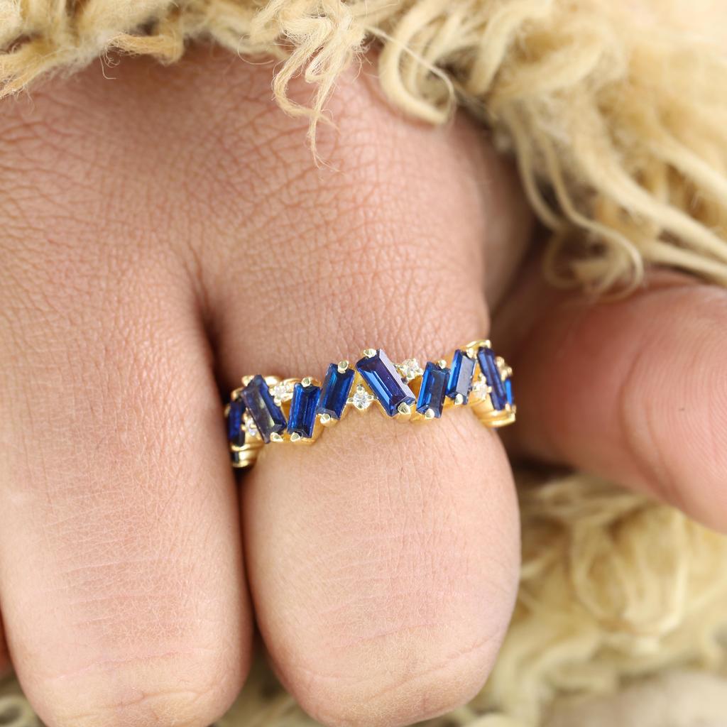 Baguette Cut Sapphire Wedding Band 18k Gold Vintage Delicate Ring Blue Gemstone Band Eternity Matching Band Birthstone Jewelry Gift For Mom