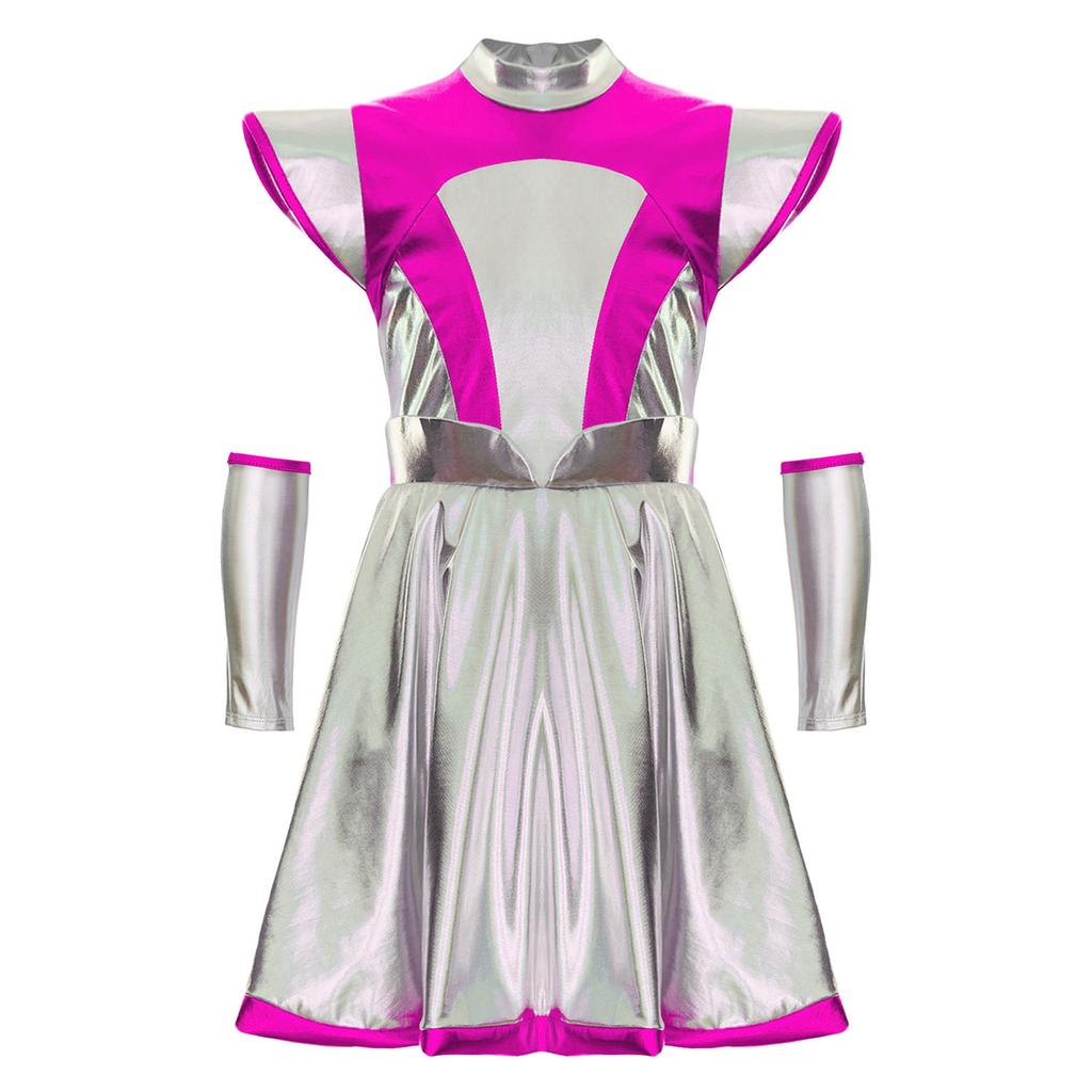 Girls Alien Cosplay Costume - Shimmering PU Patchwork Dress with Cap Sleeve & Arm Sleeve for Halloween Party