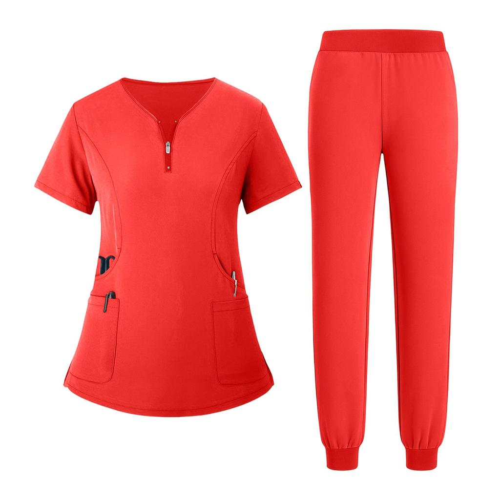Women's Uniform Quick Drying Fabric Solid Color V-neck Zipper Pocket Short Sleeved Pants Set Caregiver Set