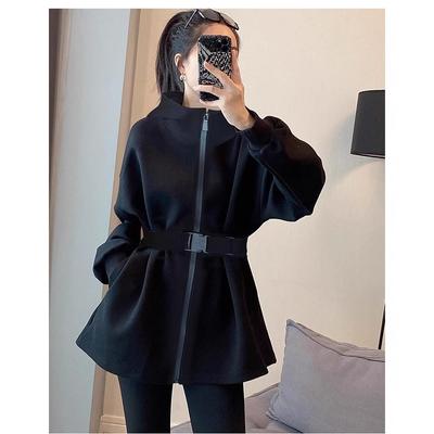 Черный модный свитер с капюшоном, женская дизайнерская куртка с талией