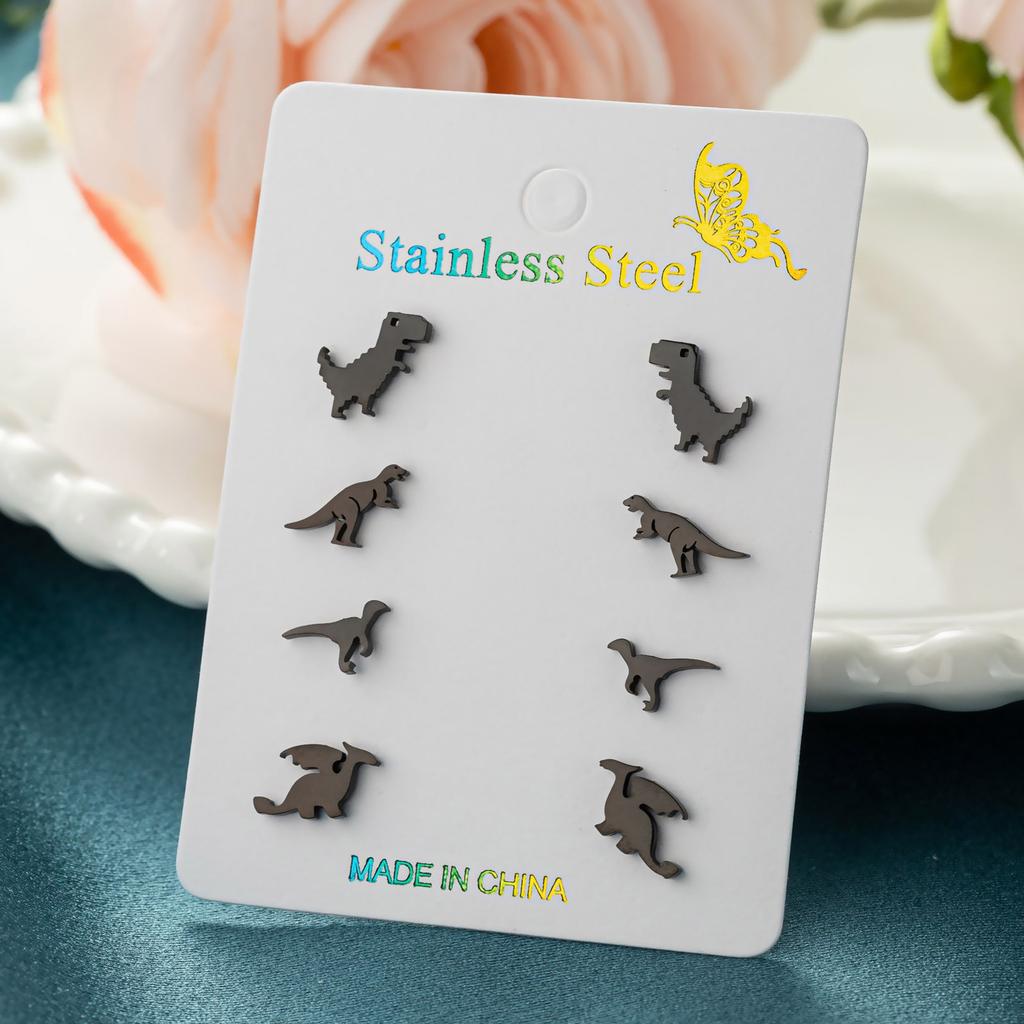 4 пары сережек-гвоздиков в виде динозавров. Креативные аксессуары для ушей. Серьги-гвоздики в виде животных, подходящие для подростков и молодых любителей моды.