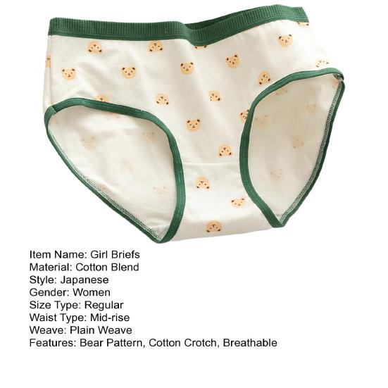 Japanese Style Teenage Girls Panties Cute Bear Pattern Green Cotton Crotch Briefs Mid-rise Cartoon Student Underpants