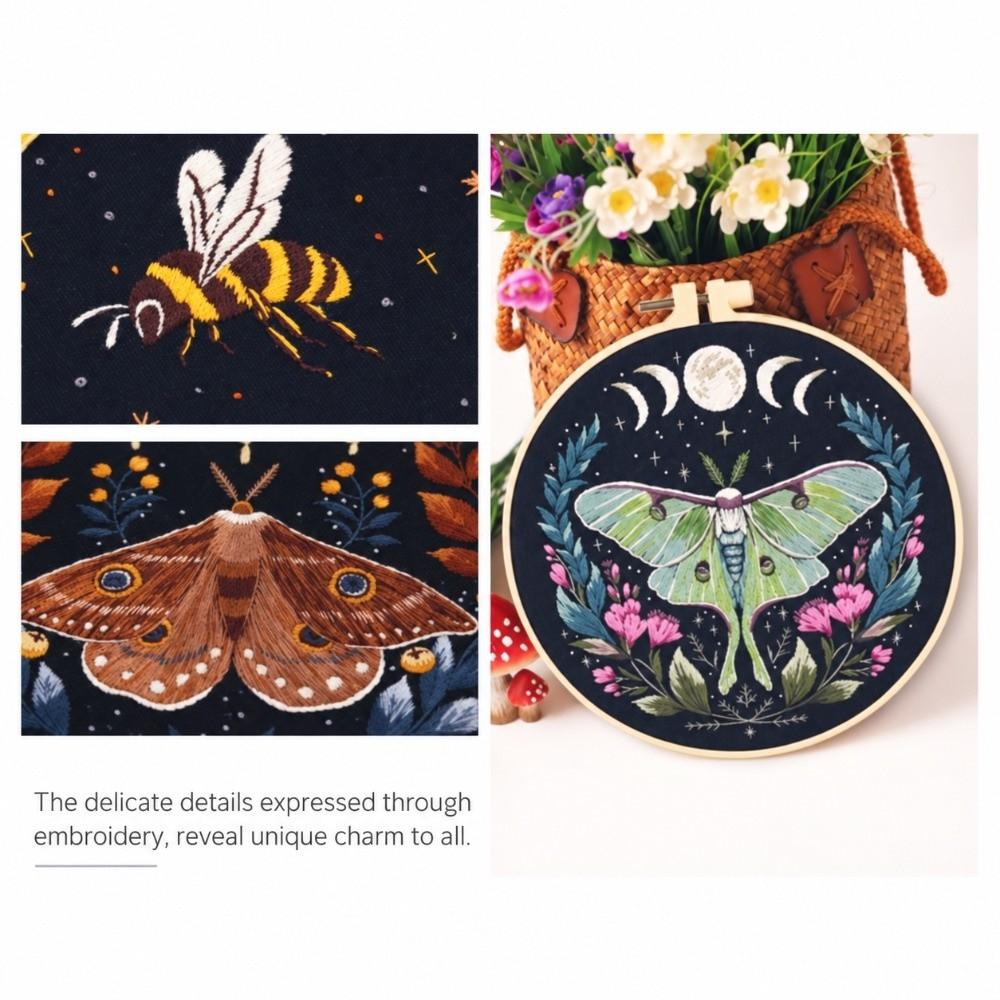 Stamped Pattern Embroidery Kit Bamboo Hoop Moth Embroidery DIY Embroidery Set  Craft Gift Idea