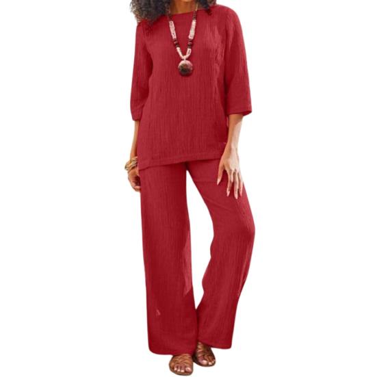 2 Pcs/Set Women Top Pants Set O Neck Three Quarter Sleeves Loose Retro Elastic