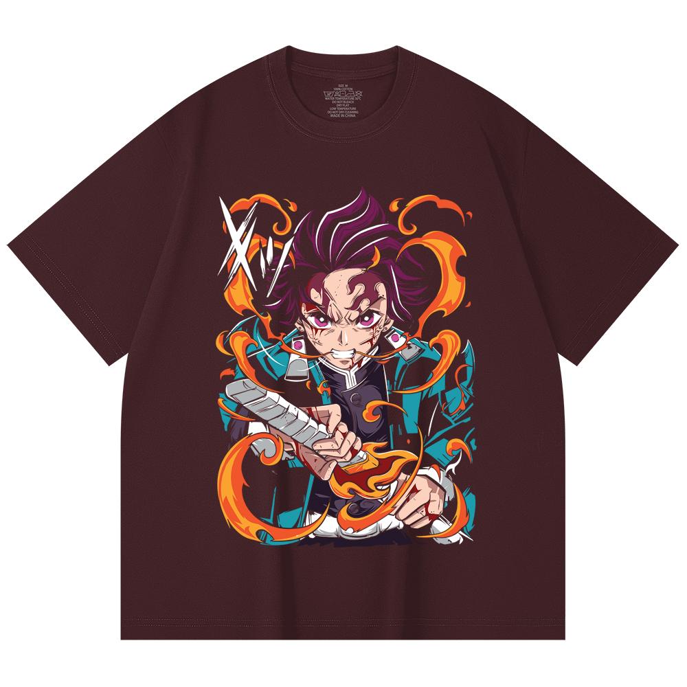230 Gsm 100% Cotton Demon Slayer V64 Tanjiro Fire Breathing Print Unisex Heavy Cotton T Shirt