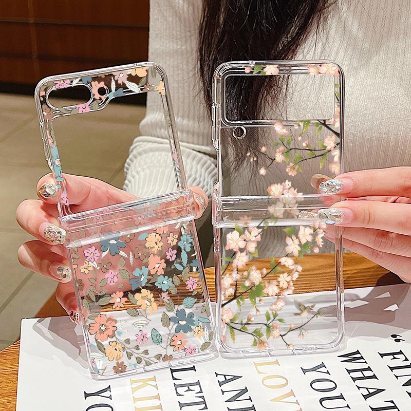 Shockproof 3PCS Foldable Case for Samsung Galaxy Z Flip6 Flip5 Flip4 Flip3 Colorful Flower Pattern Hard Pc Clear Slim Case Cover