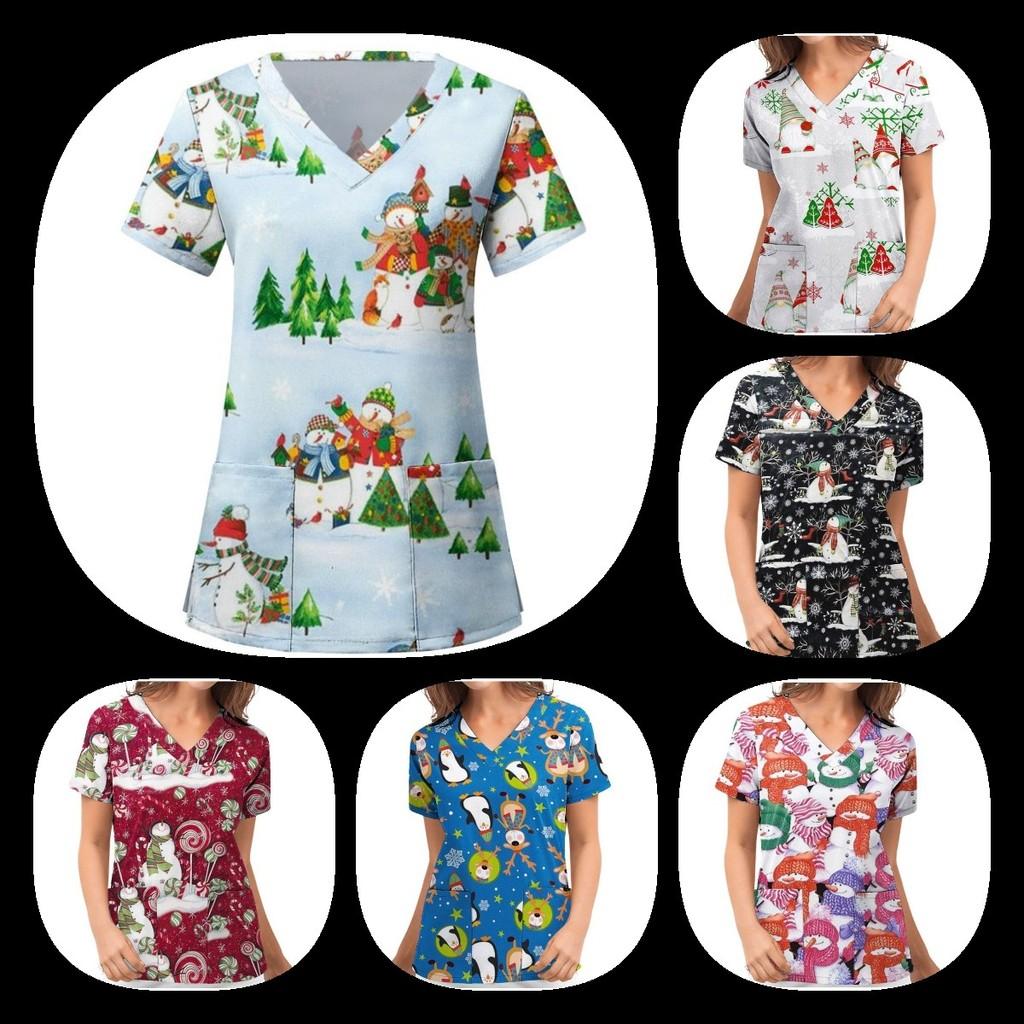 Женские рождественские скрабы с принтом, униформа, медицинские топы, рубашка с цветами, одежда