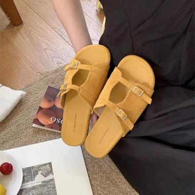 Французский темперамент повседневные круглый носок плоская подошва шлепанцы с открытым носком женские 2025 лето ретро мягкая подошва удобные прохладные шлепанцы